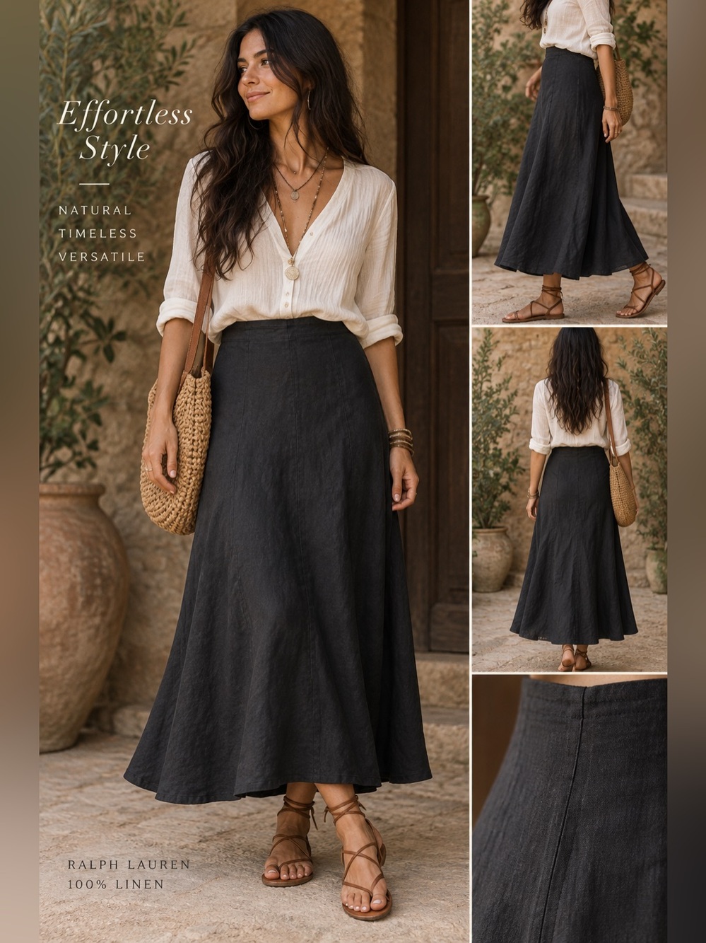 100% Linen Black A-Line Plus size 1X Ralph Lauren Midi Skirt 
 Quiet Luxury